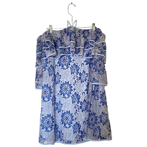 REBECCA MINKOFF Dena Blue Lace Ruffle Shoulder Dress Size Medium - Picture 2 of 8